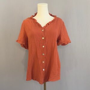 Ruffled Button-Down Orange Top